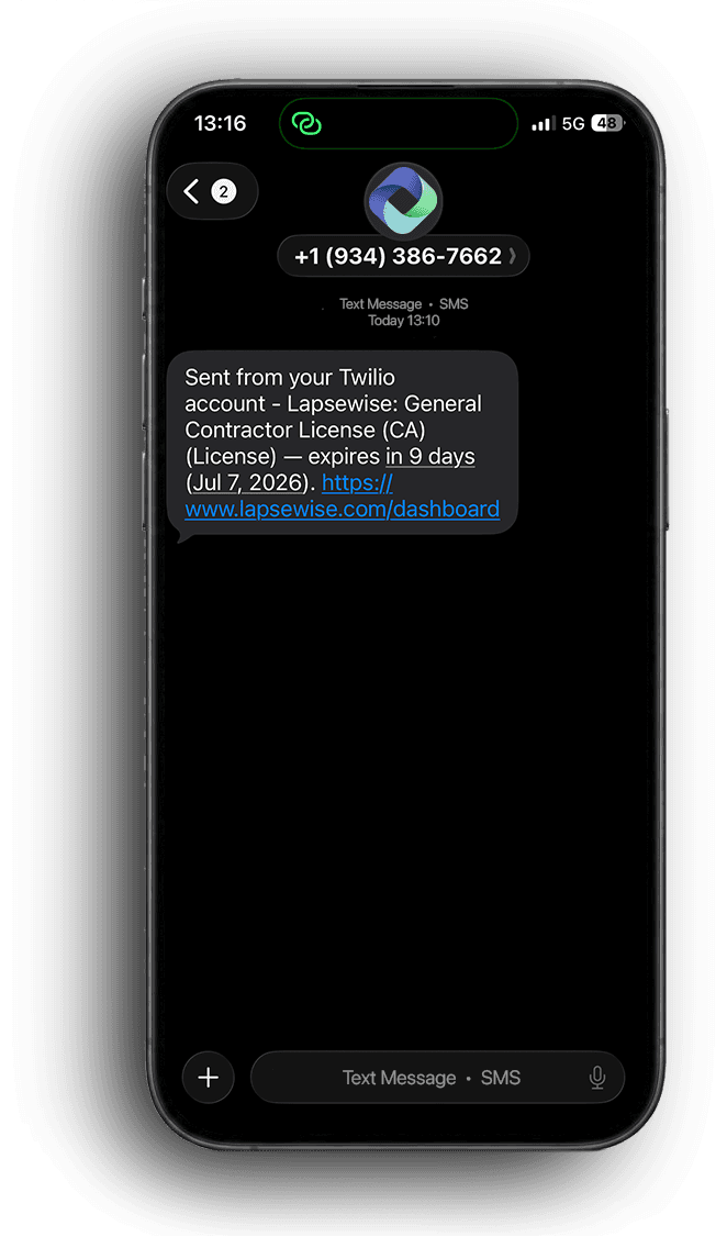 An SMS reminder from Lapsewise on an iPhone